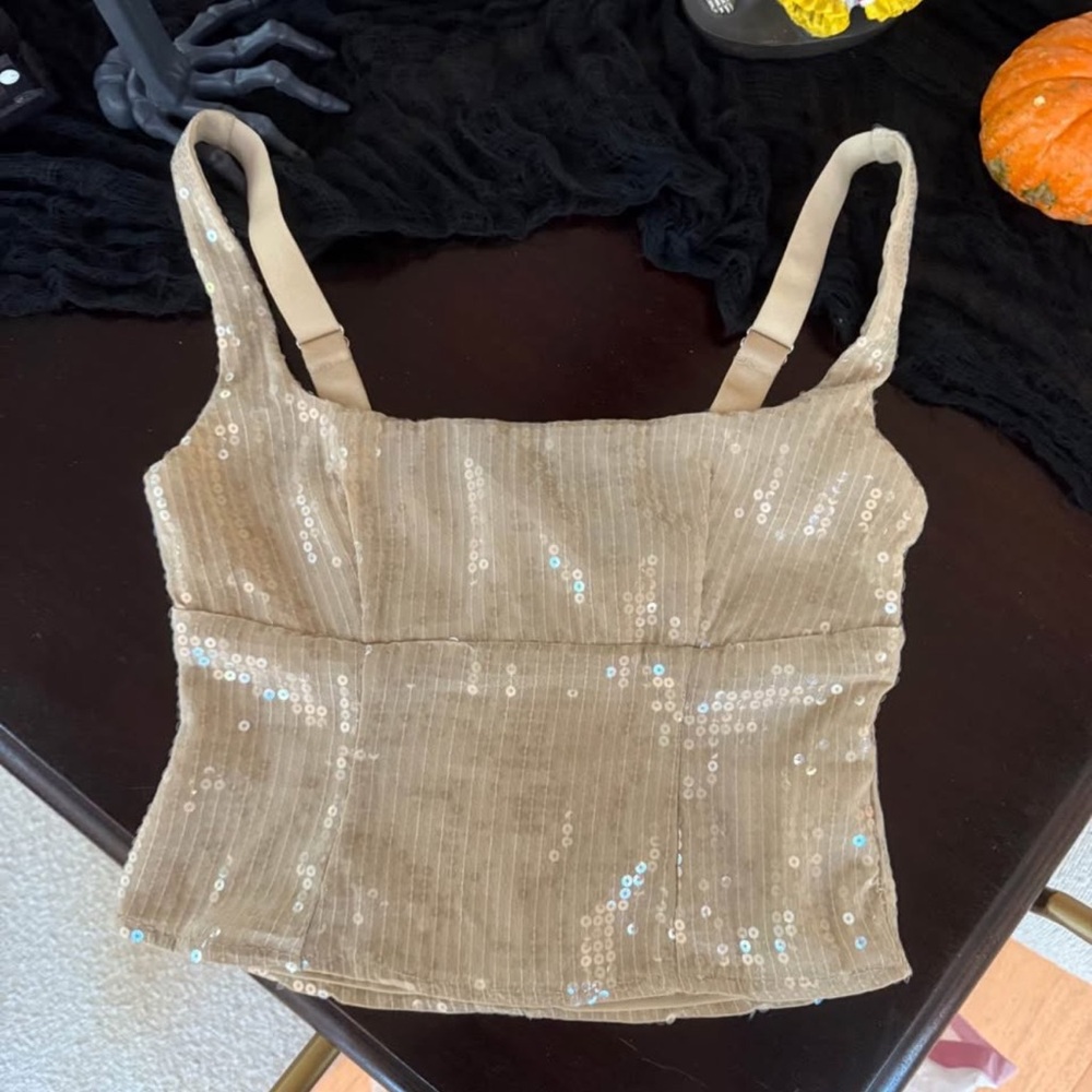 White Fox Boutique Tan Sequin Crop Top festival